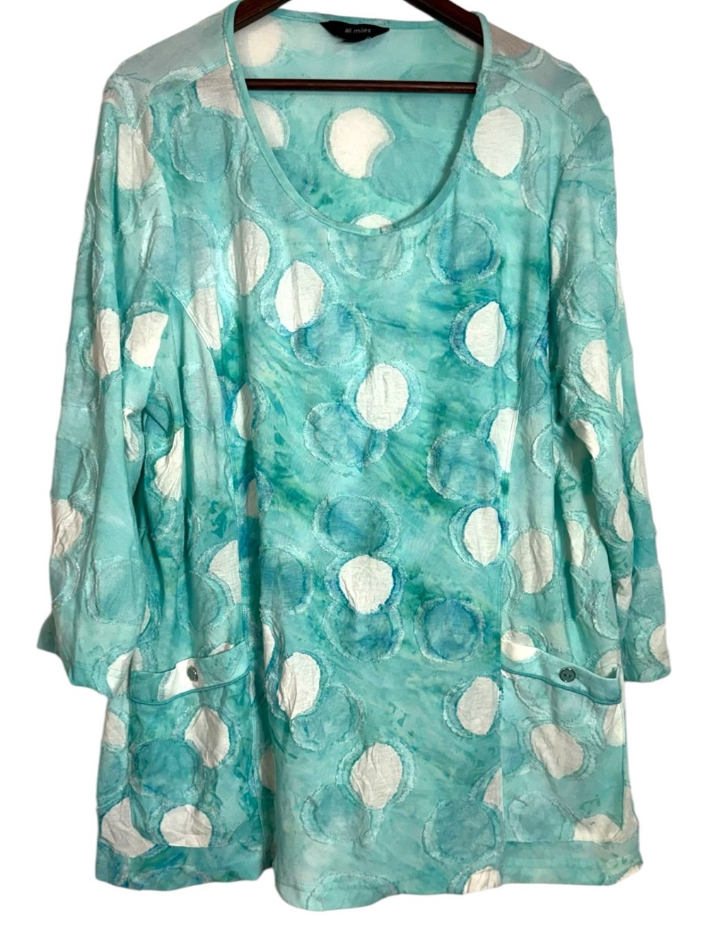 Ali Miles Ombra Green Raw Dots Textured Tunic Blouse Pockets 3/4 Sleeve 2XL
